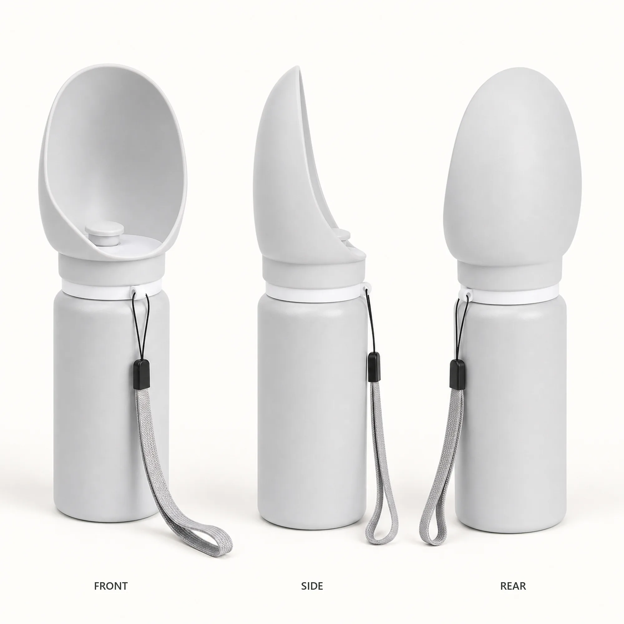 Light grey fixed-height pet travel water bottle shown from front, side and rear