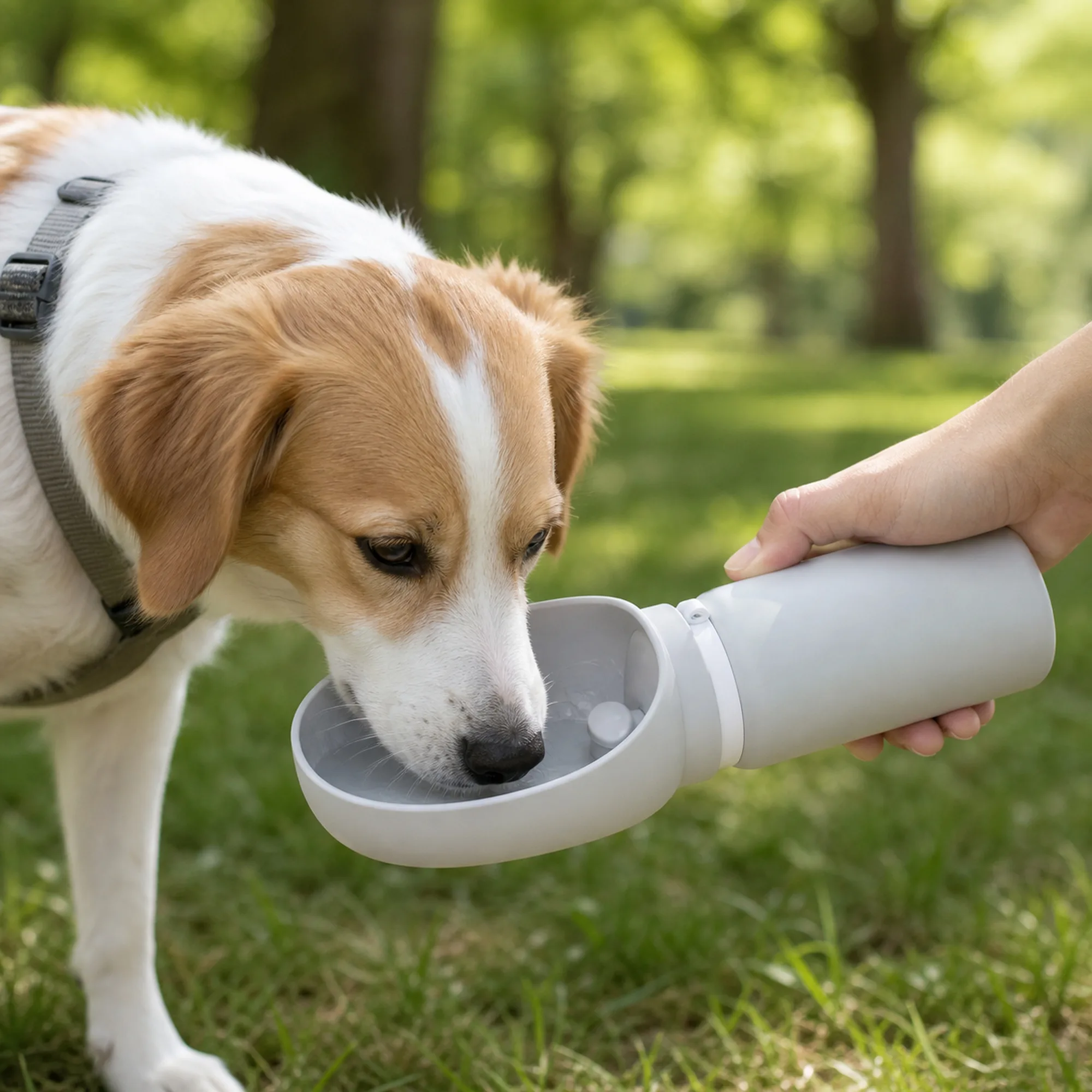 Dog drinking from a light grey travel water bottle during an outdoor walk
