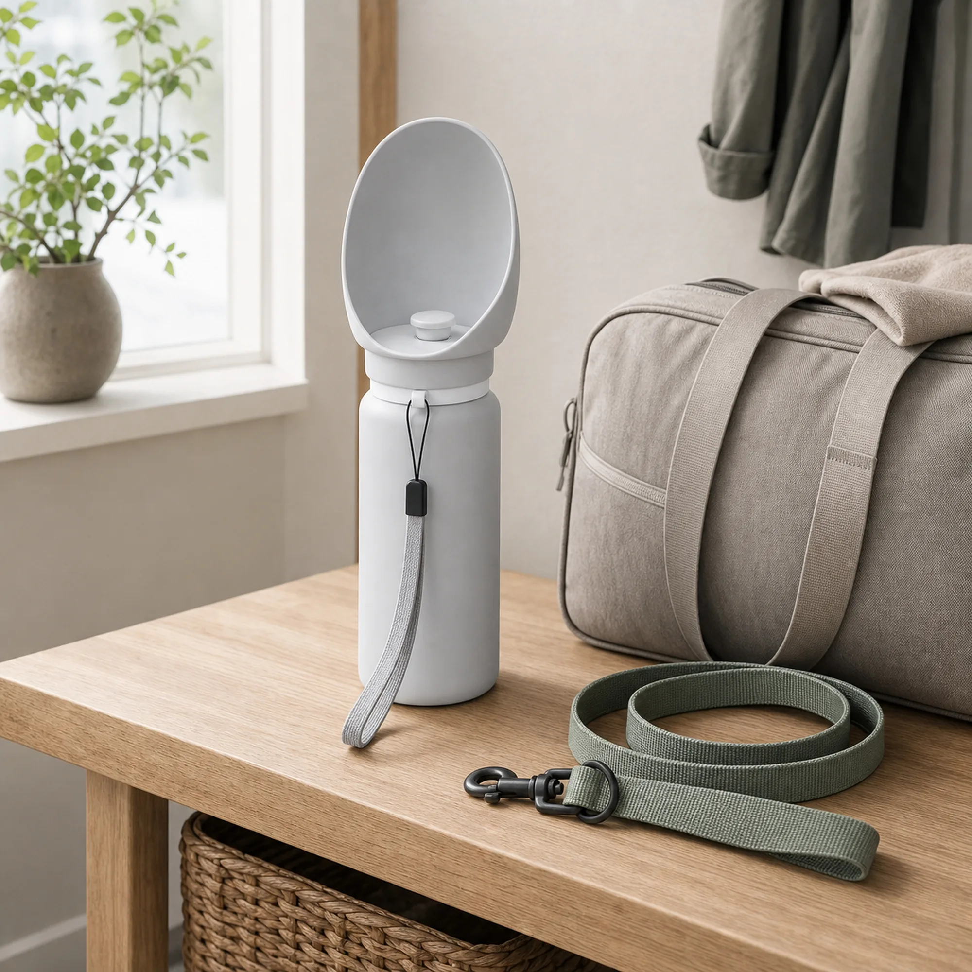 Full-height light grey dog water bottle beside a leash and day bag