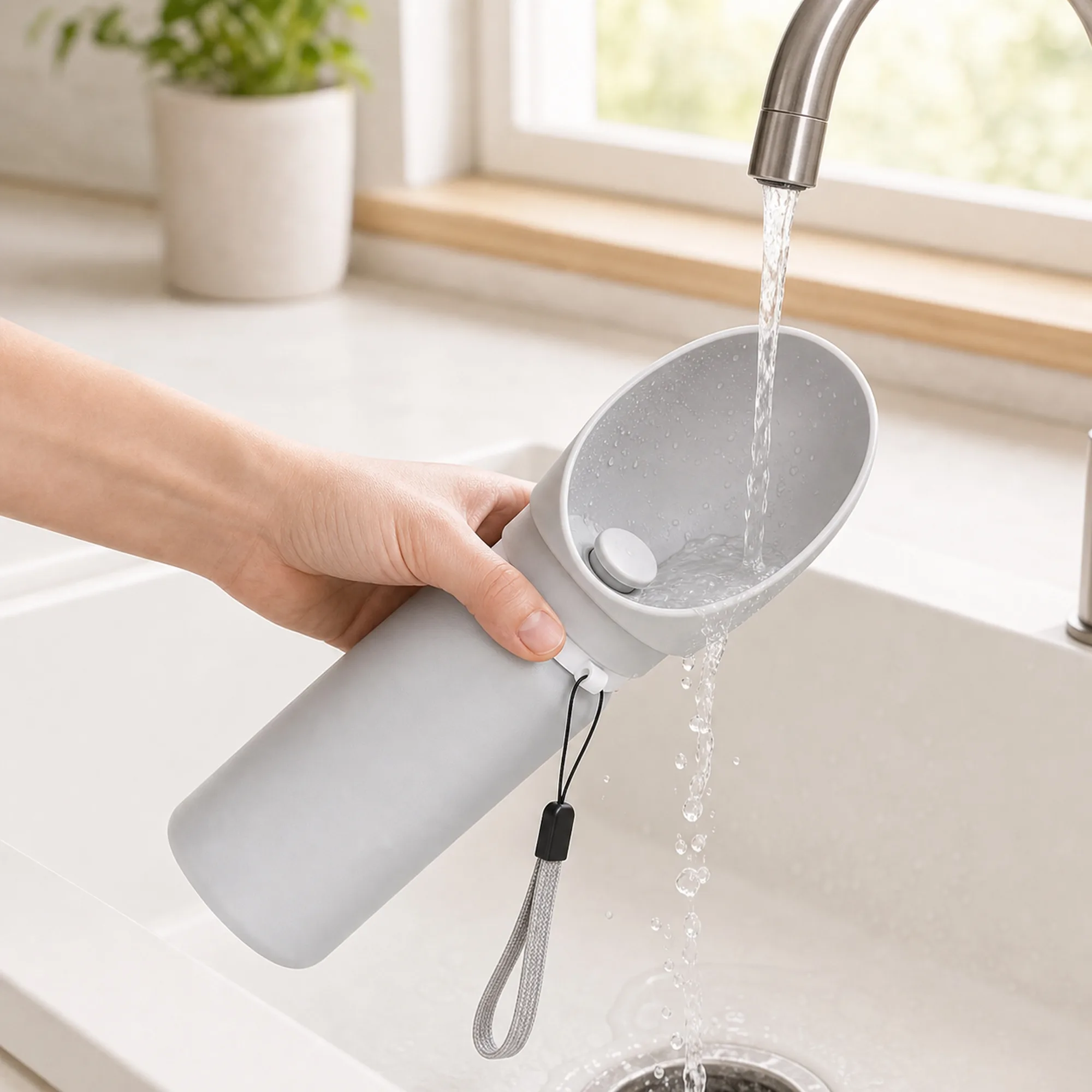 Rinsing the wide oval drinking bowl of a fixed-height pet water bottle