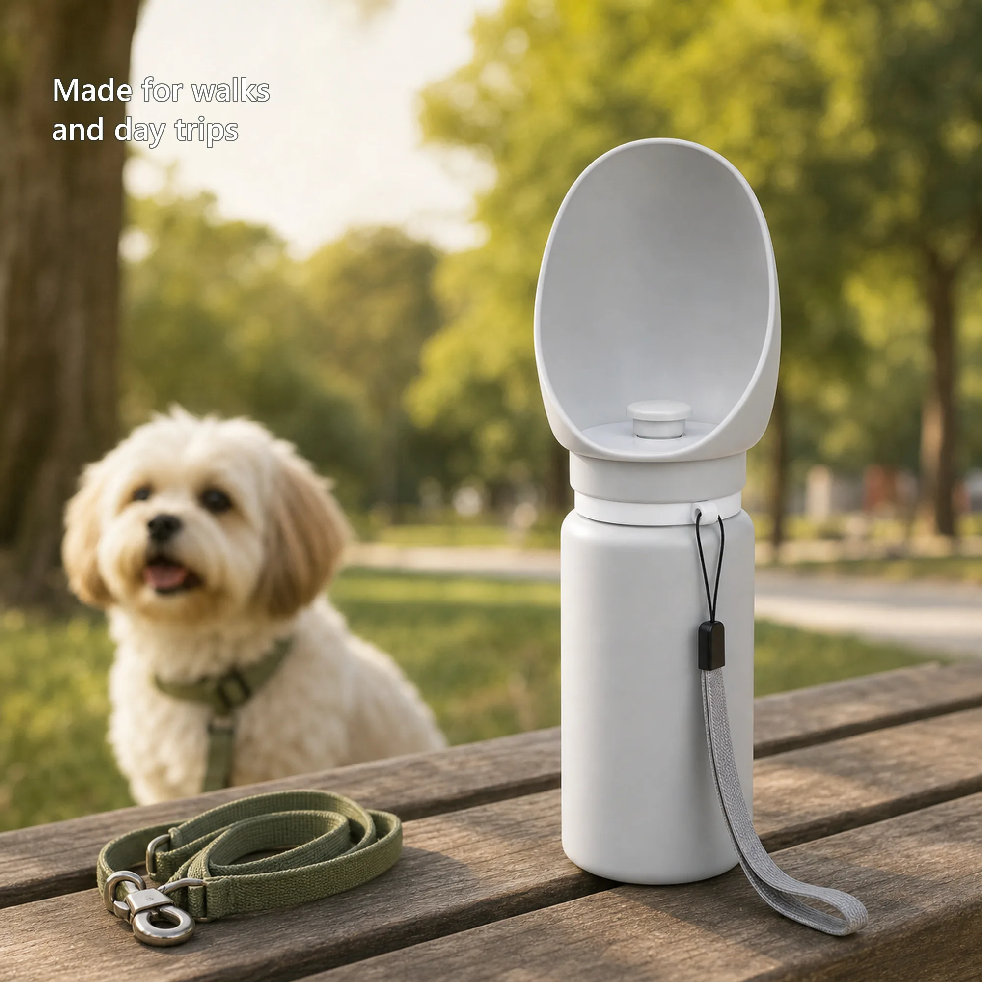 Light grey dog travel water bottle with wrist strap ready for a day trip