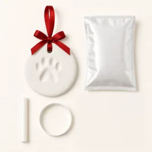 Paw print keepsake kit with finished hanging clay ornament, rolling tool and circular guide