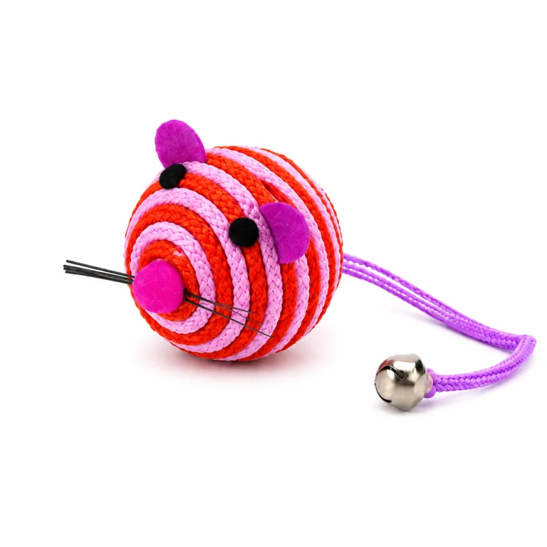 Pink and red rope mouse ball cat toy with a bell-tipped purple tail