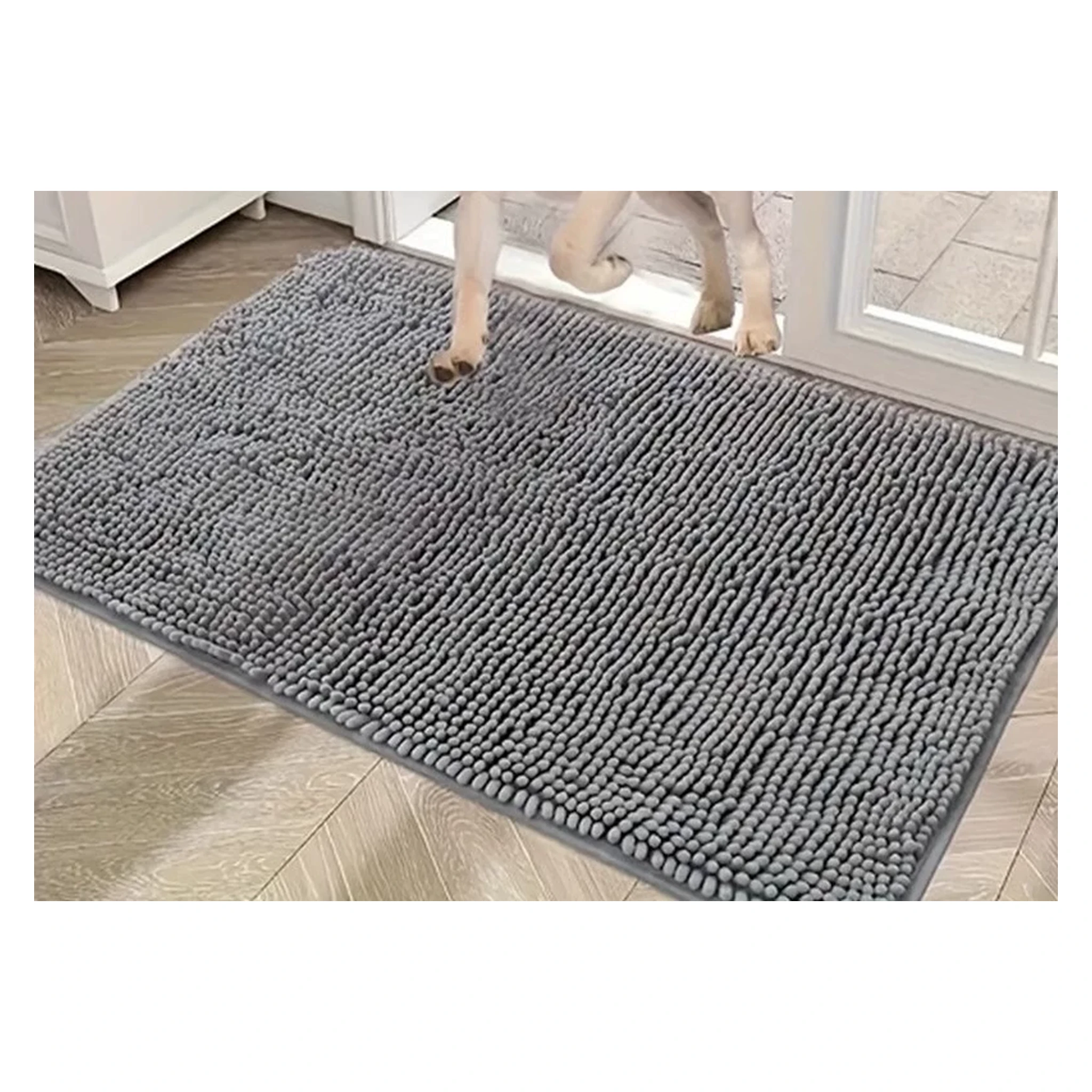 Deep Grey chenille pet entryway mat in a real doorway scene