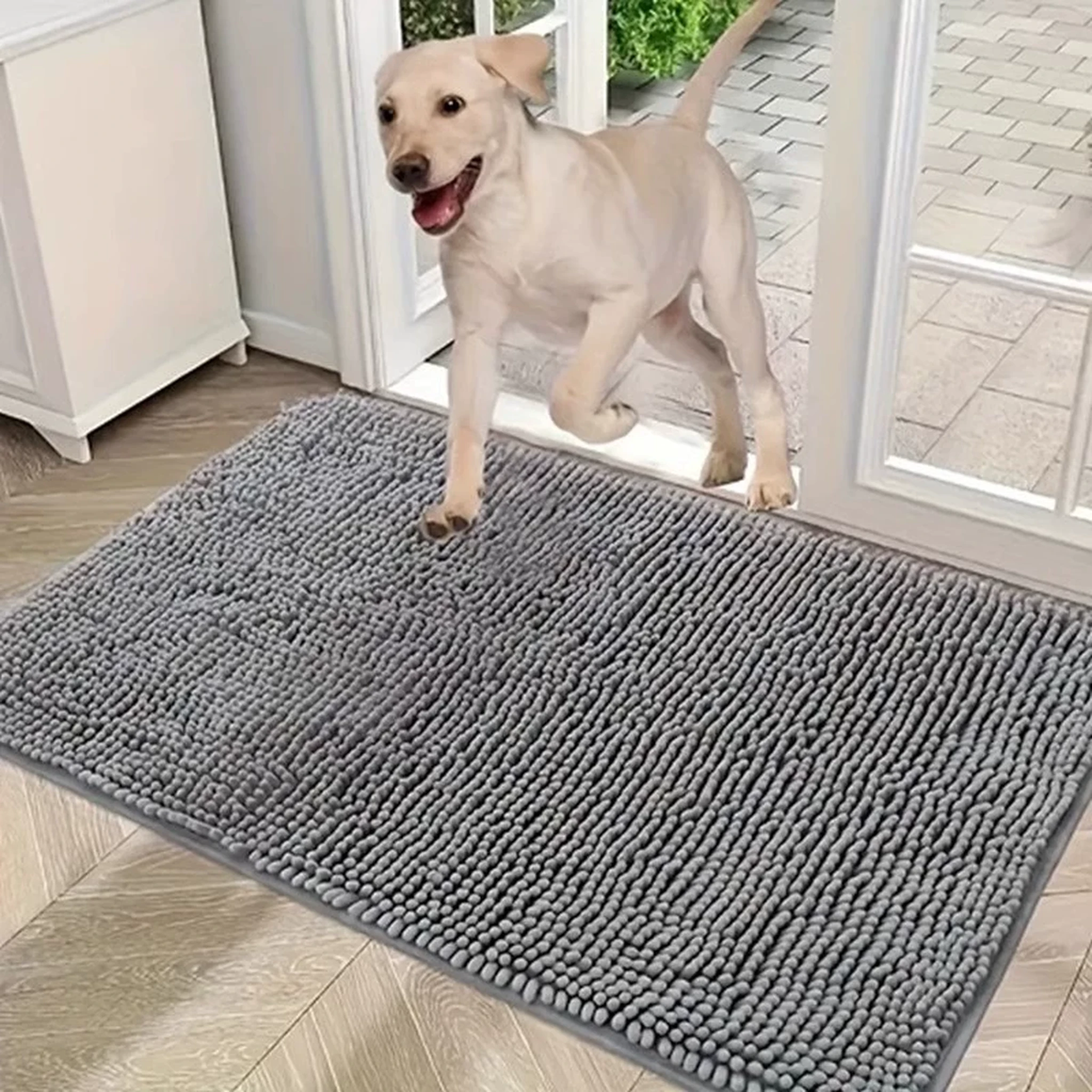 Dog entering a home beside a Deep Grey chenille-style entryway mat