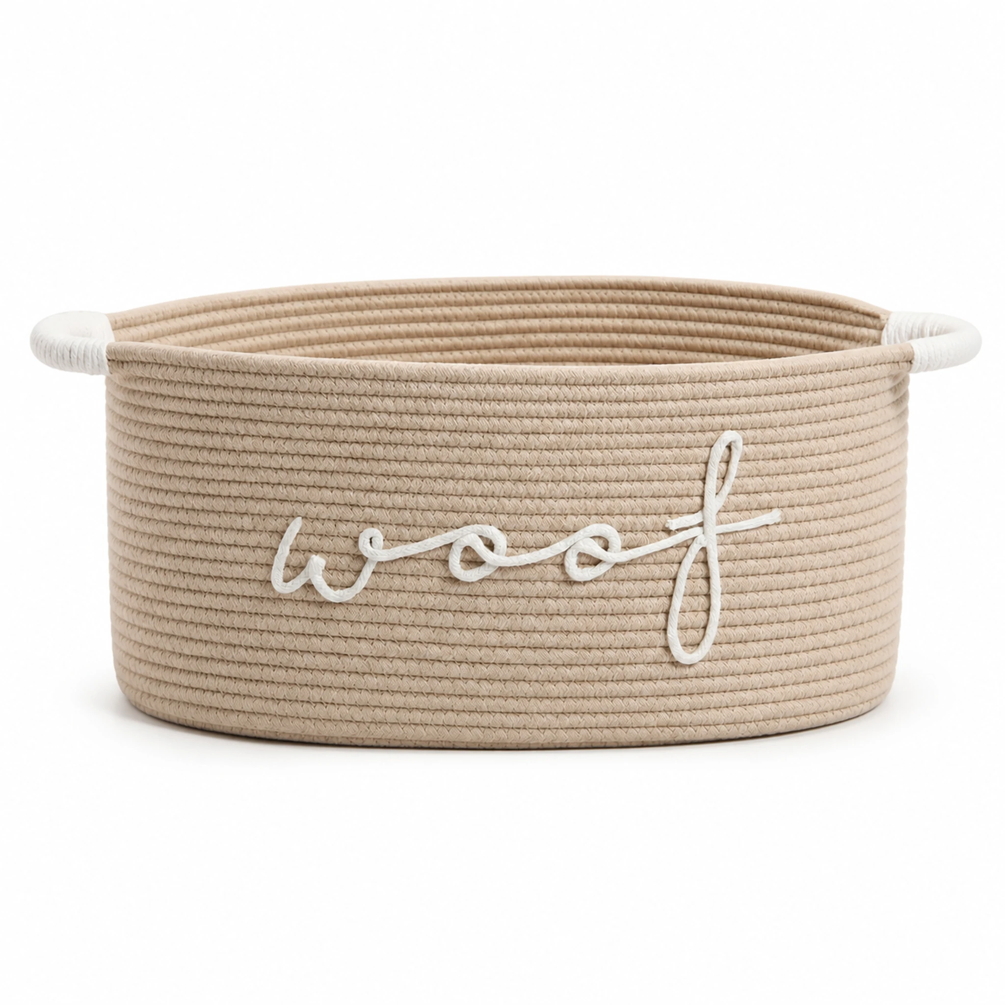 Light-brown rope dog toy storage basket on white