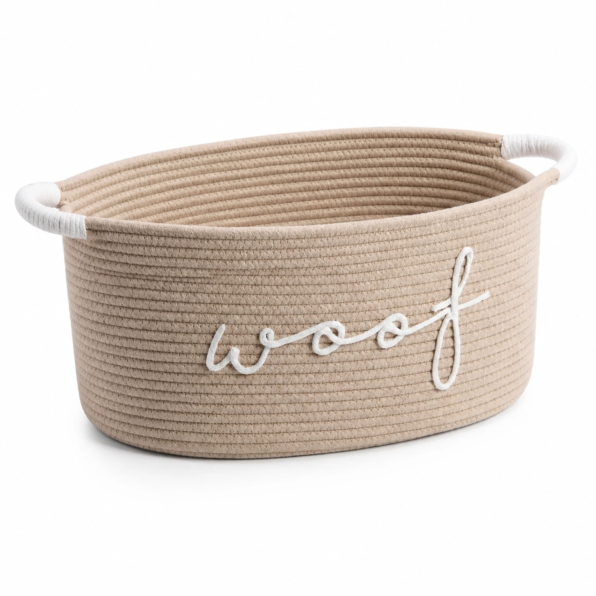 Three-quarter view of light-brown dog toy basket