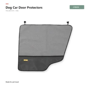 Grey two-piece dog car door protector set on a warm white background
