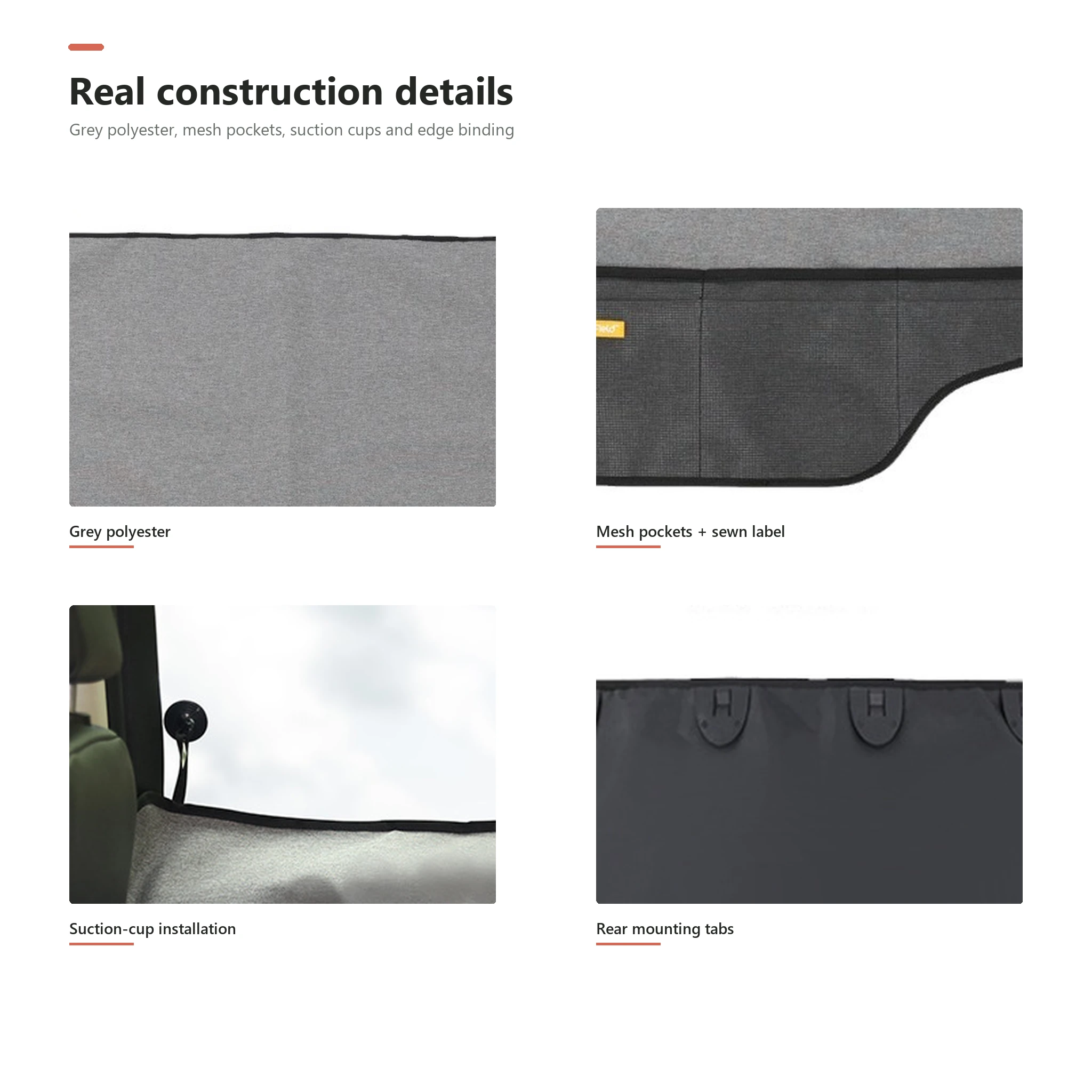 Close-up views of grey polyester, mesh pockets, suction cups and edge binding