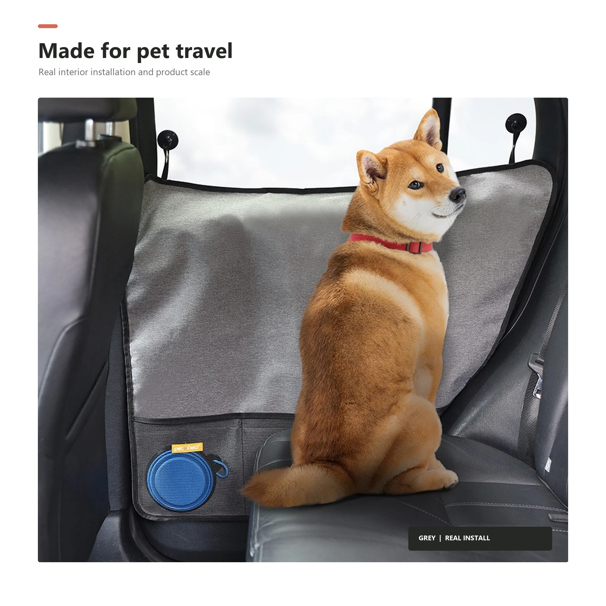Dog beside a grey rear car door protector installed with suction cups