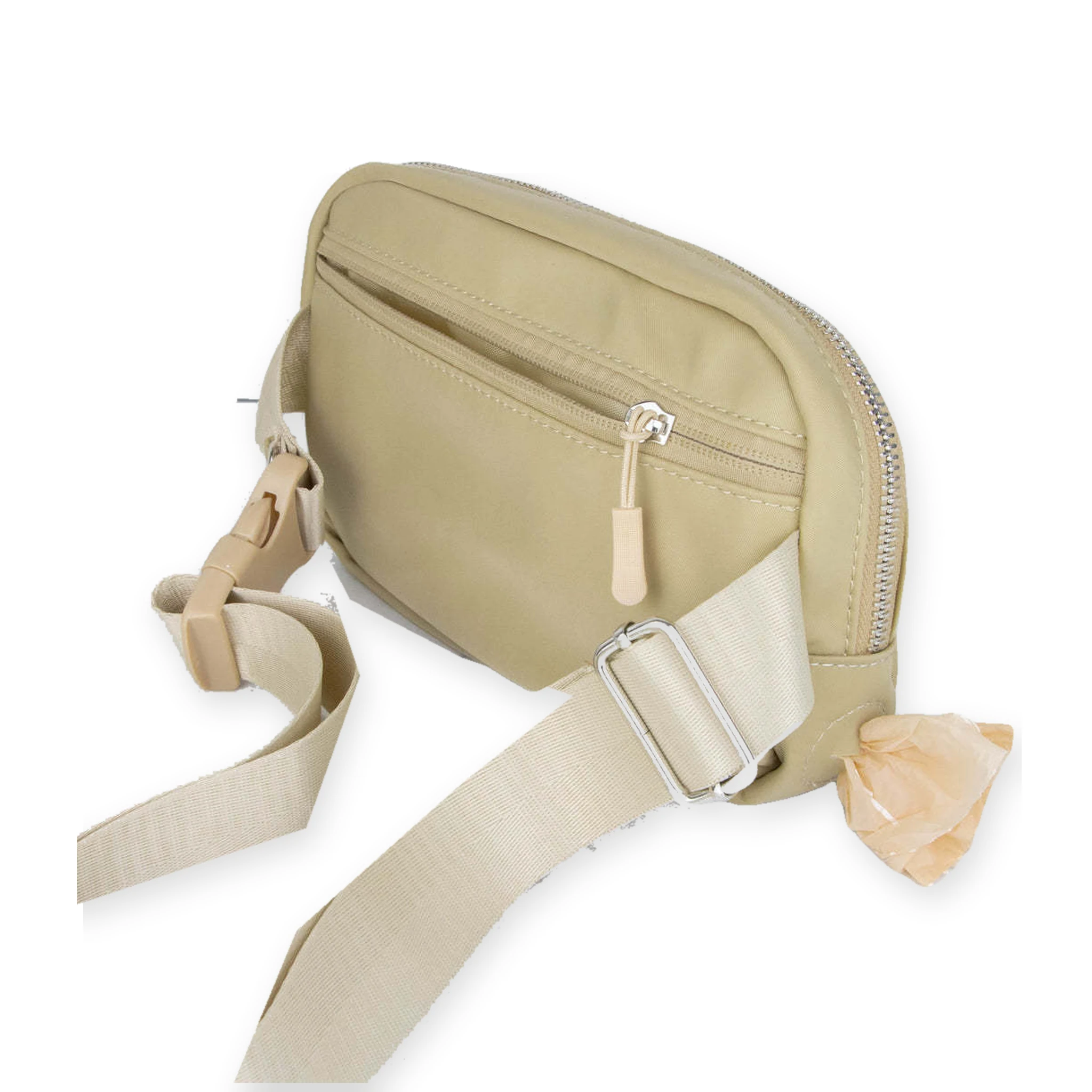 Beige dog walking bag shown at a three-quarter angle with adjustable strap