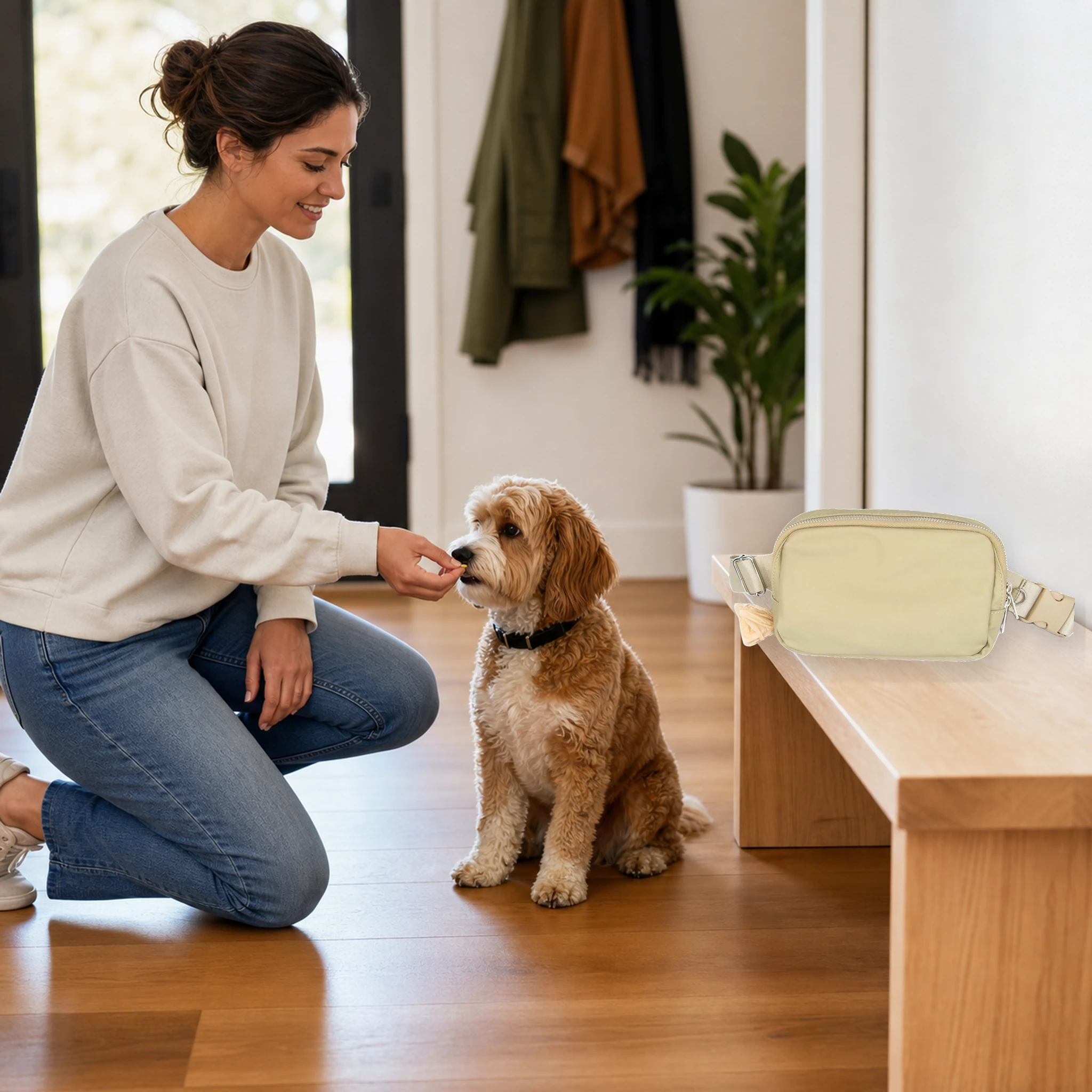 Dog owner using a beige crossbody training bag during a home training session
