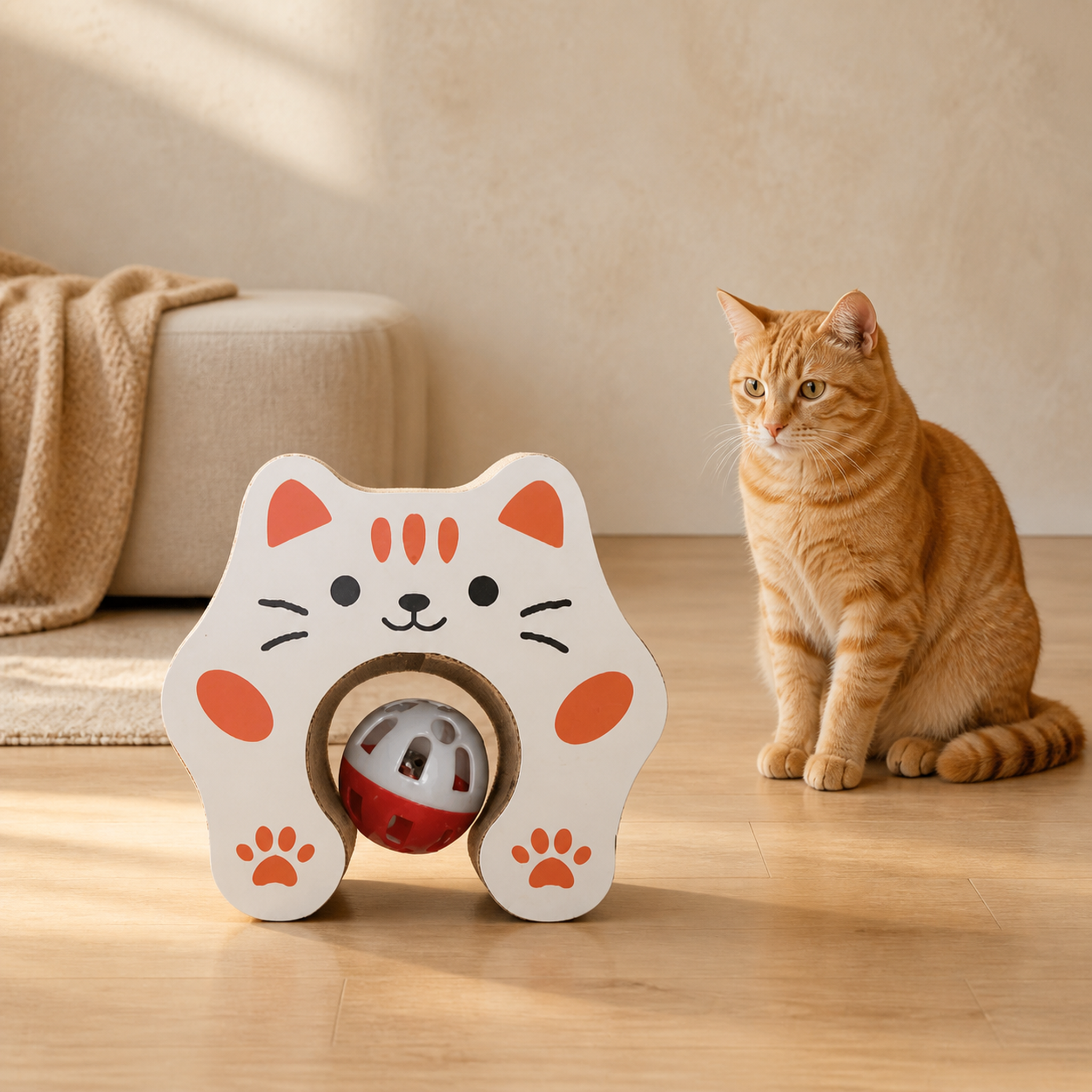 Compact accordion cat scratcher beside an orange tabby in a warm neutral living room