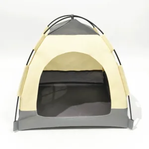 Greige indoor pet tent with arched frame and open front