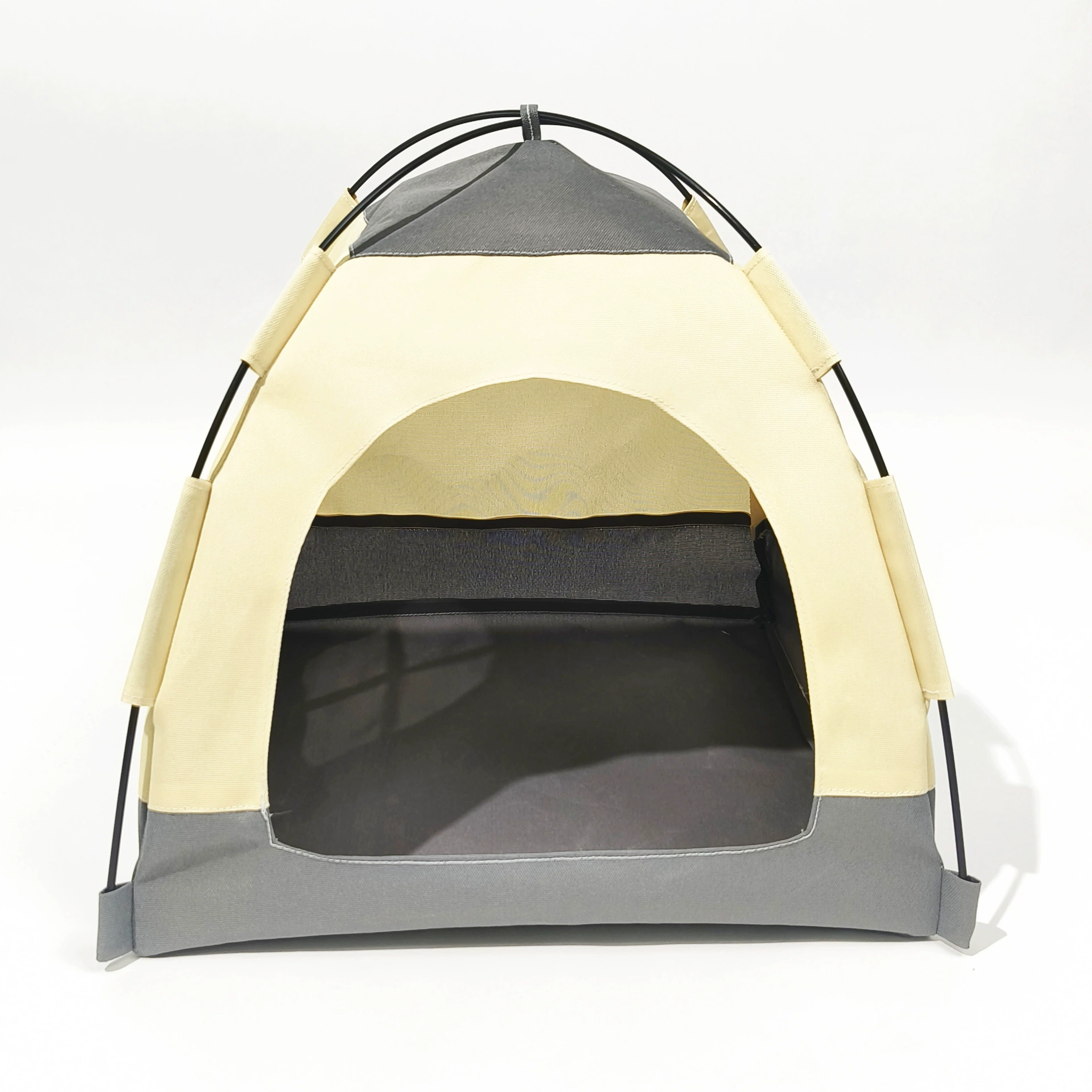 Greige indoor pet tent with arched frame and open front