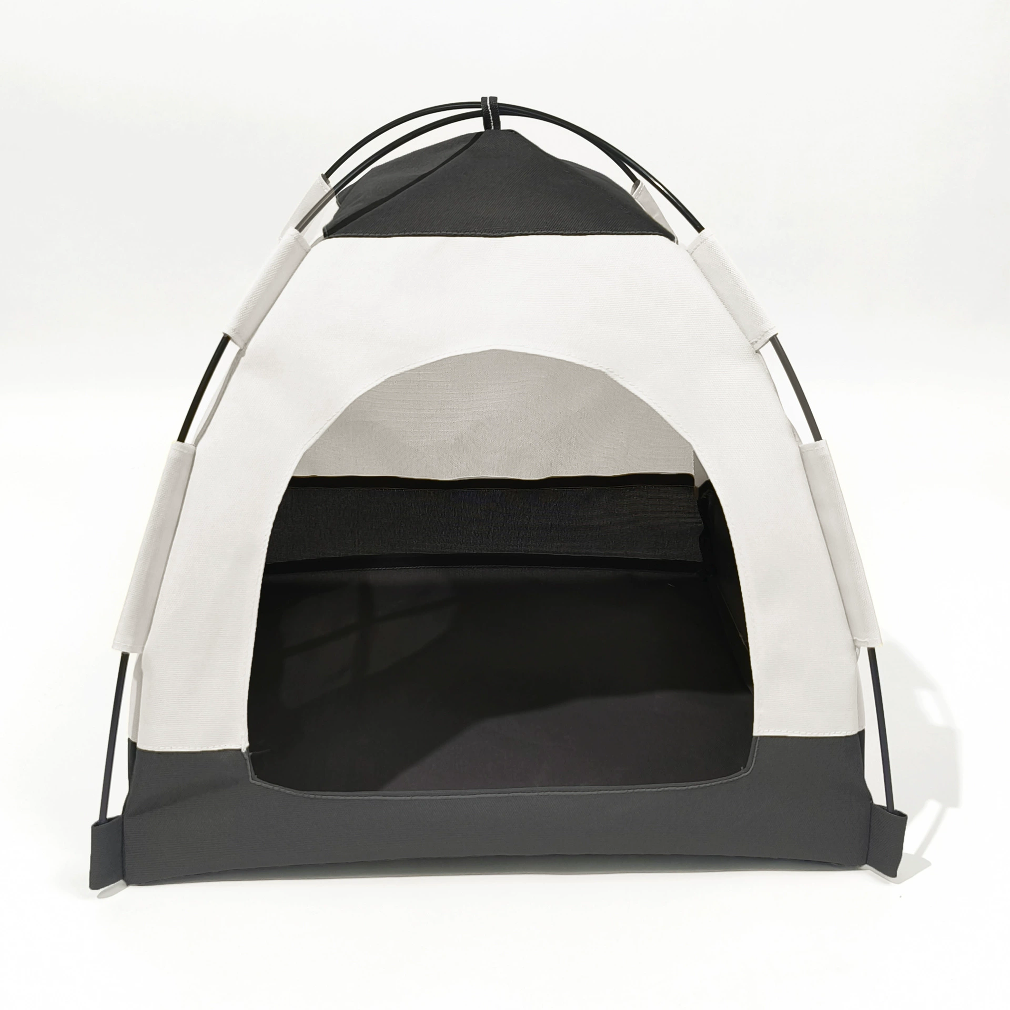 White and black indoor pet tent with arched frame and open front