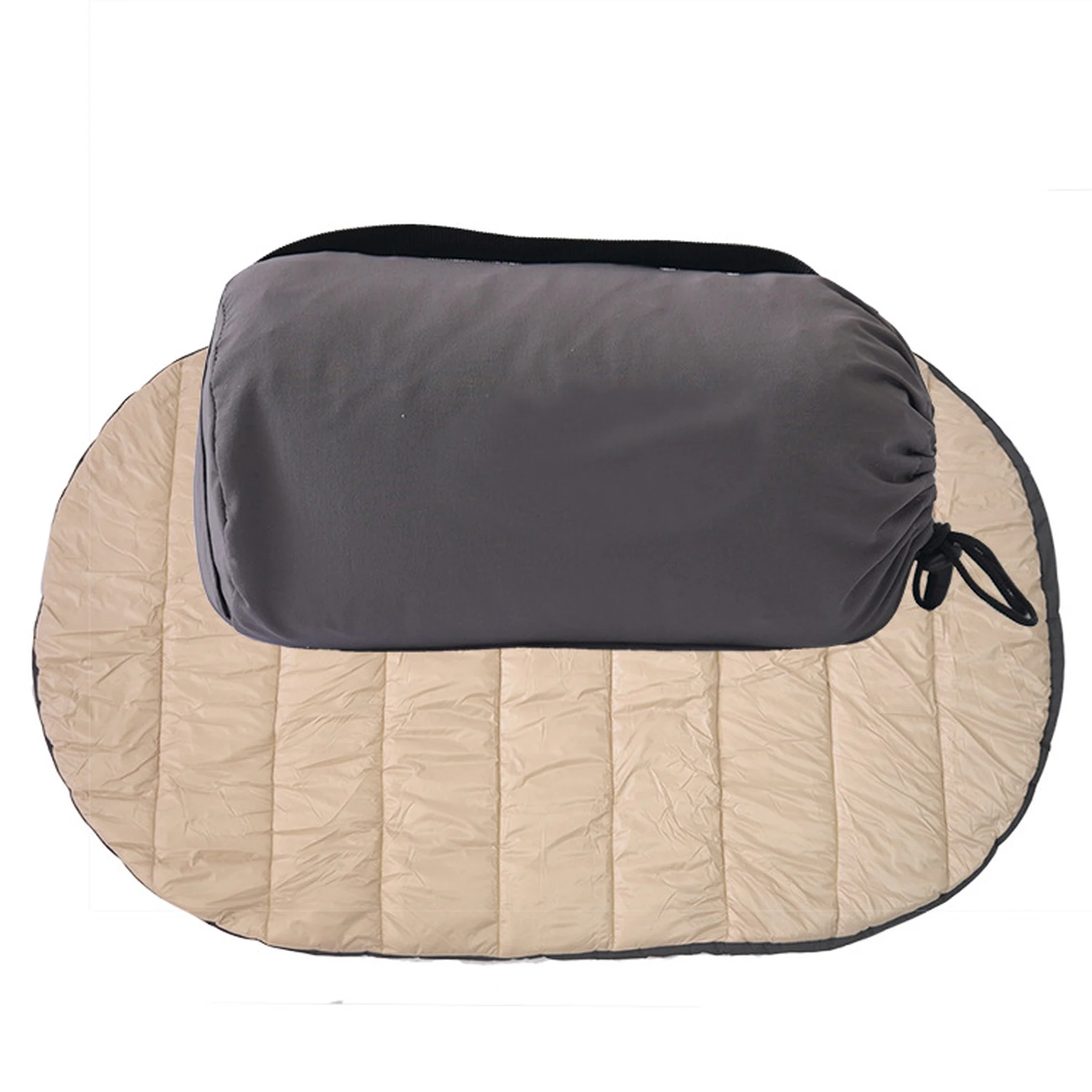 Beige dog travel mat with grey packed form