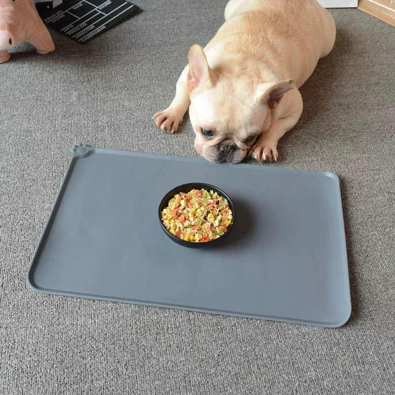 Dog beside a grey silicone pet feeding mat with bowl